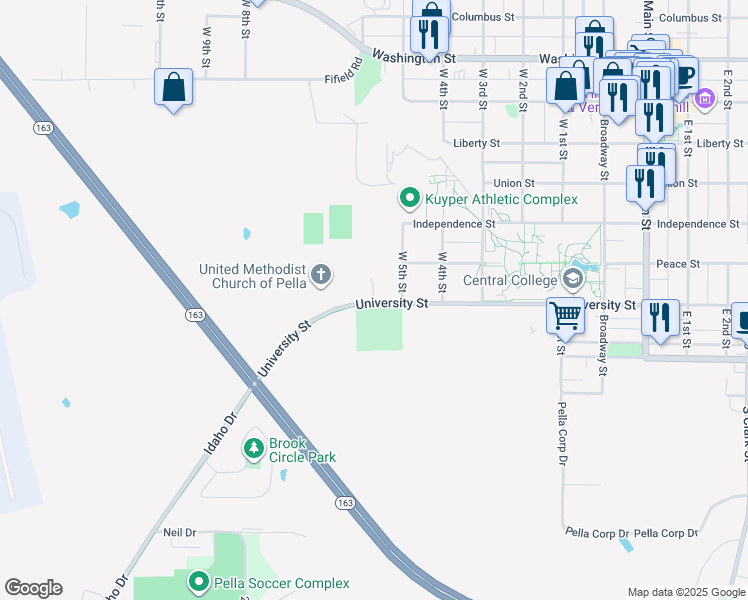 map of restaurants, bars, coffee shops, grocery stores, and more near 304 Central Drive in Pella