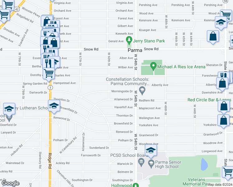 map of restaurants, bars, coffee shops, grocery stores, and more near 5803 Morningside Drive in Parma