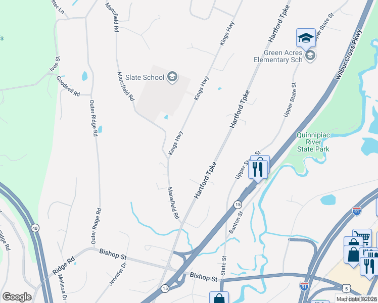 map of restaurants, bars, coffee shops, grocery stores, and more near 4 Kings Highway in North Haven
