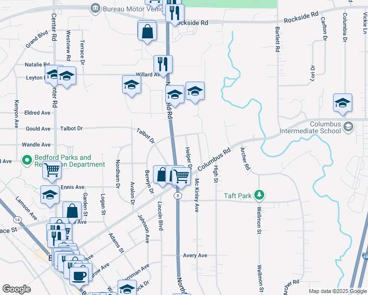 map of restaurants, bars, coffee shops, grocery stores, and more near 556 Helper Drive in Bedford