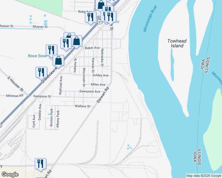 map of restaurants, bars, coffee shops, grocery stores, and more near 1501 Oregon Street in Muscatine