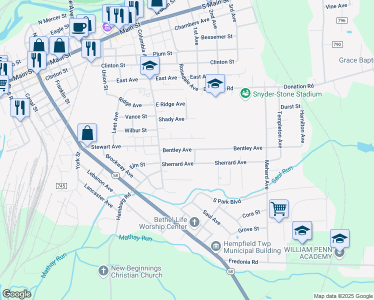 map of restaurants, bars, coffee shops, grocery stores, and more near 23 Bentley Avenue in Greenville