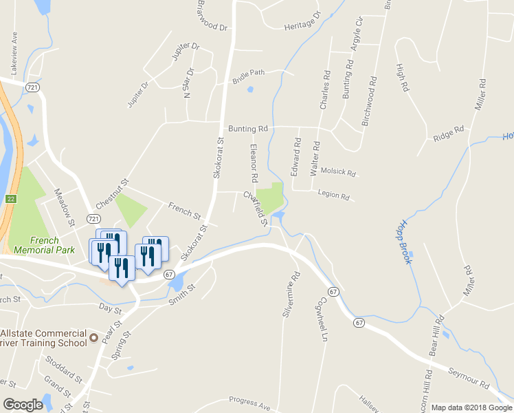 map of restaurants, bars, coffee shops, grocery stores, and more near 44 Chatfield Street in Seymour