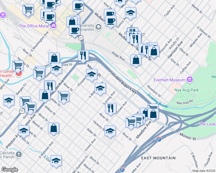 map of restaurants, bars, coffee shops, grocery stores, and more near 723 Hemlock Street in Scranton