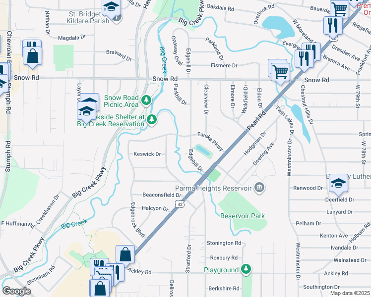 map of restaurants, bars, coffee shops, grocery stores, and more near 5980 Edgehill Drive in Cleveland