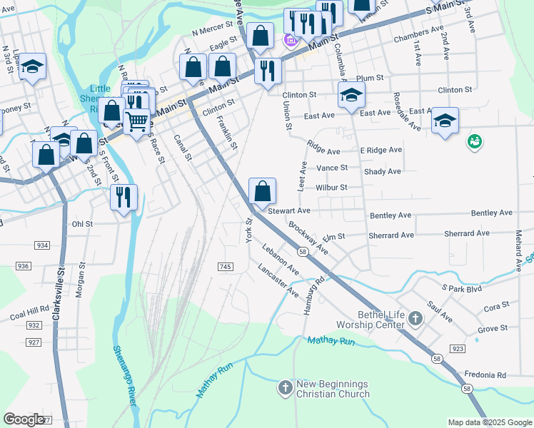 map of restaurants, bars, coffee shops, grocery stores, and more near 107 South Mercer Street in Greenville