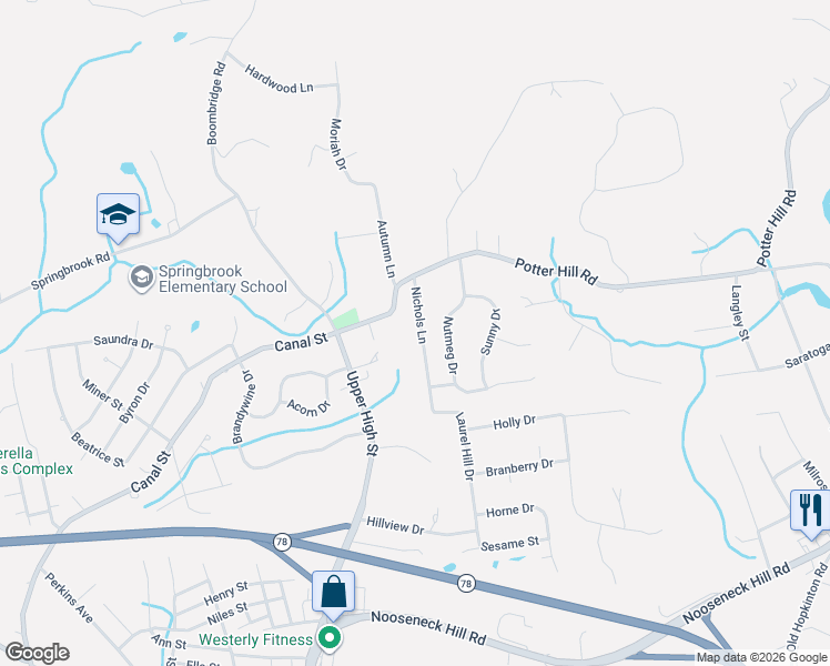 map of restaurants, bars, coffee shops, grocery stores, and more near 311 High Street in Westerly
