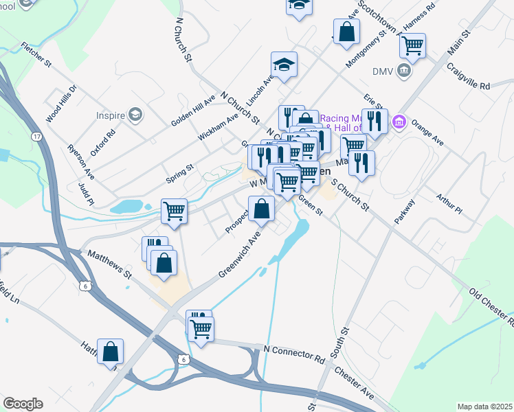 map of restaurants, bars, coffee shops, grocery stores, and more near 37 Prospect Avenue in Goshen