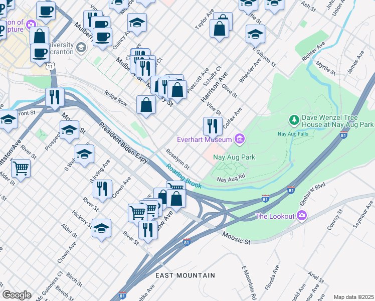 map of restaurants, bars, coffee shops, grocery stores, and more near 237 Colfax Avenue in Scranton