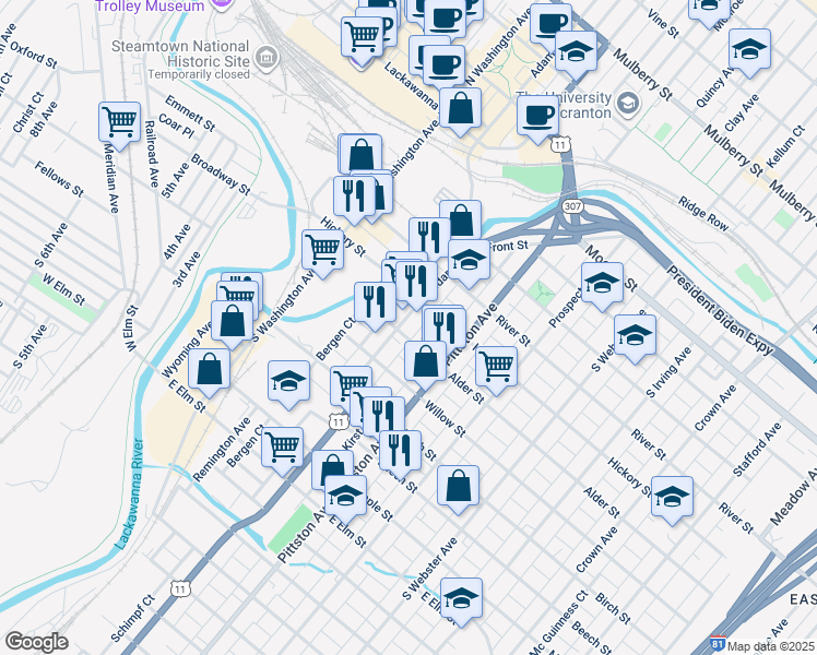 map of restaurants, bars, coffee shops, grocery stores, and more near 419 Alder Street in Scranton