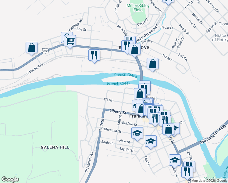 map of restaurants, bars, coffee shops, grocery stores, and more near 1415 Otter Street in Franklin