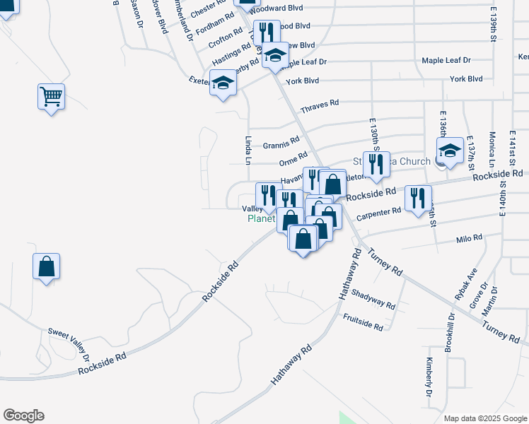 map of restaurants, bars, coffee shops, grocery stores, and more near 12555 Rockside Road in Garfield Heights