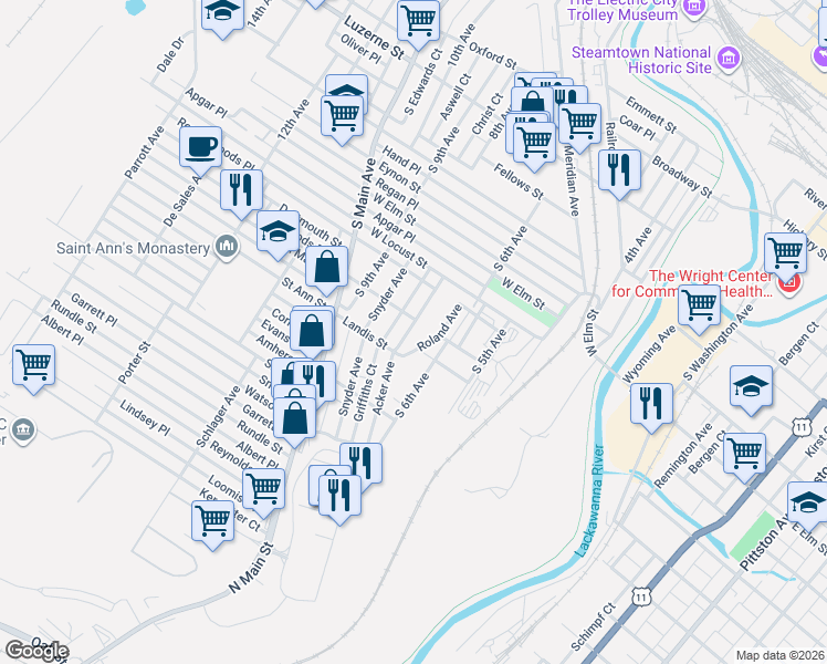 map of restaurants, bars, coffee shops, grocery stores, and more near 1018 Roland Avenue in Scranton