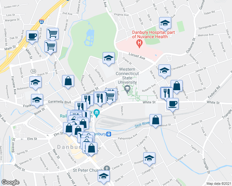map of restaurants, bars, coffee shops, grocery stores, and more near 14 5th Avenue in Danbury
