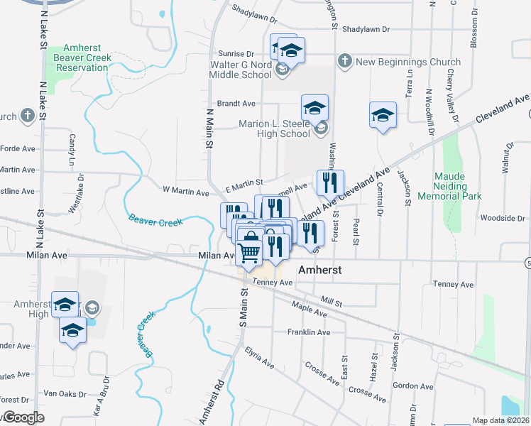 map of restaurants, bars, coffee shops, grocery stores, and more near 172 Lincoln Street in Amherst