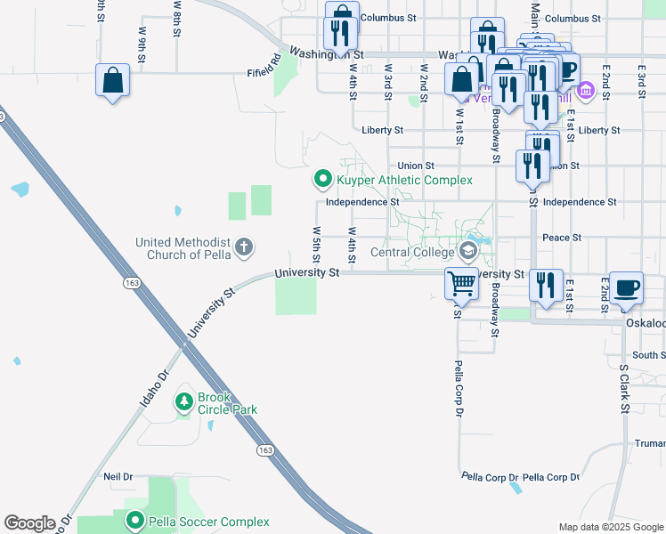 map of restaurants, bars, coffee shops, grocery stores, and more near 1208 University Street in Pella