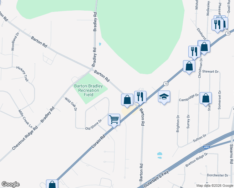 map of restaurants, bars, coffee shops, grocery stores, and more near 5975 Timber Trail Drive in North Olmsted