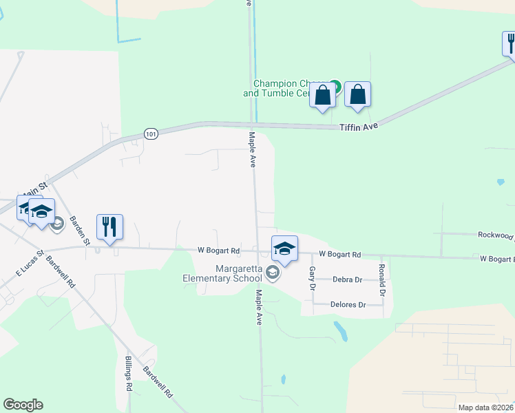 map of restaurants, bars, coffee shops, grocery stores, and more near 3600 Maple Avenue in Castalia