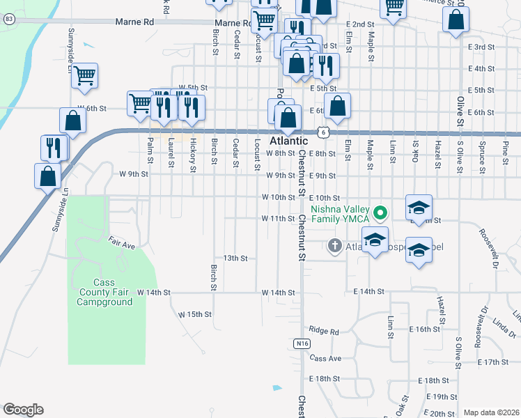 map of restaurants, bars, coffee shops, grocery stores, and more near 1011 Locust Street in Atlantic