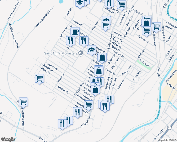 map of restaurants, bars, coffee shops, grocery stores, and more near 1147 Amherst Street in Scranton