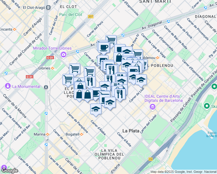 map of restaurants, bars, coffee shops, grocery stores, and more near 128 Carrer de Pere IV in Barcelona