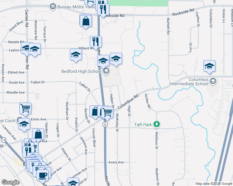 map of restaurants, bars, coffee shops, grocery stores, and more near 570 Darlington Drive in Bedford