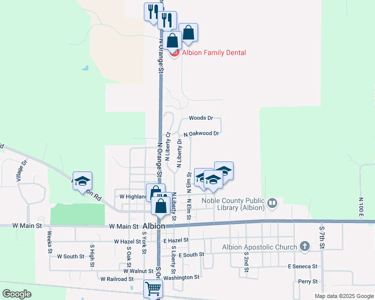 map of restaurants, bars, coffee shops, grocery stores, and more near 508 North Liberty Drive in Albion