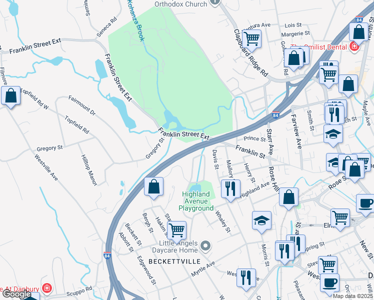 map of restaurants, bars, coffee shops, grocery stores, and more near Yankee Expressway in Danbury