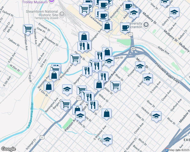map of restaurants, bars, coffee shops, grocery stores, and more near 419 Alder Street in Scranton