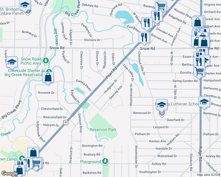 map of restaurants, bars, coffee shops, grocery stores, and more near 5962 Deering Avenue in Parma Heights