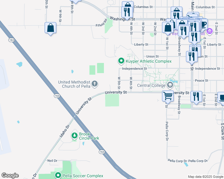 map of restaurants, bars, coffee shops, grocery stores, and more near 304 Central Drive in Pella