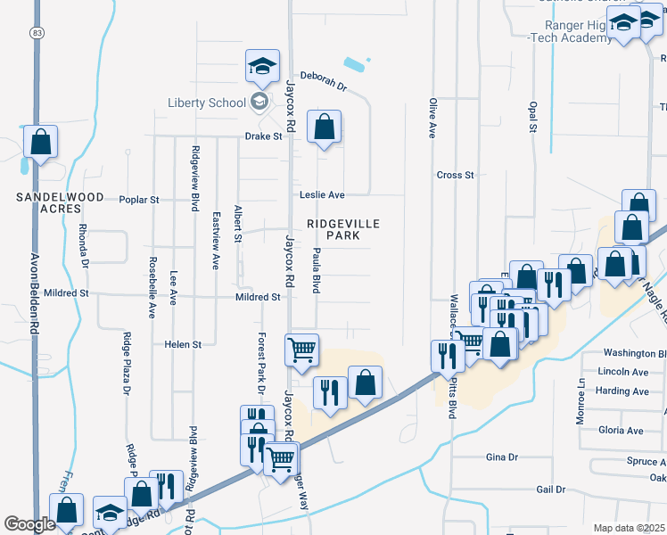 map of restaurants, bars, coffee shops, grocery stores, and more near 4901 James Road in North Ridgeville