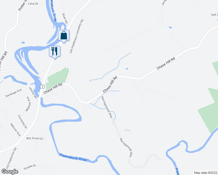 map of restaurants, bars, coffee shops, grocery stores, and more near 58 Chase Hill Road in Hopkinton