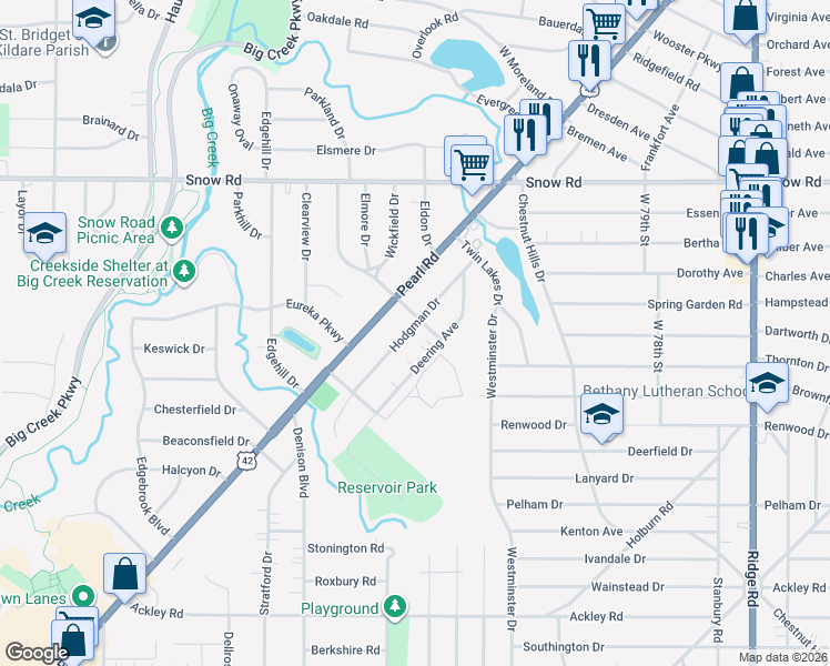 map of restaurants, bars, coffee shops, grocery stores, and more near 5962 Deering Avenue in Parma Heights