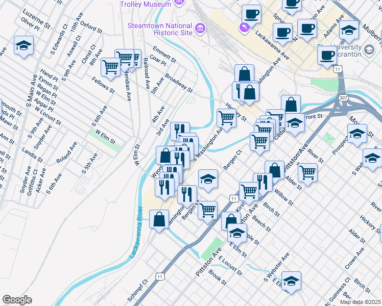 map of restaurants, bars, coffee shops, grocery stores, and more near 811 S Washington Ave in Scranton