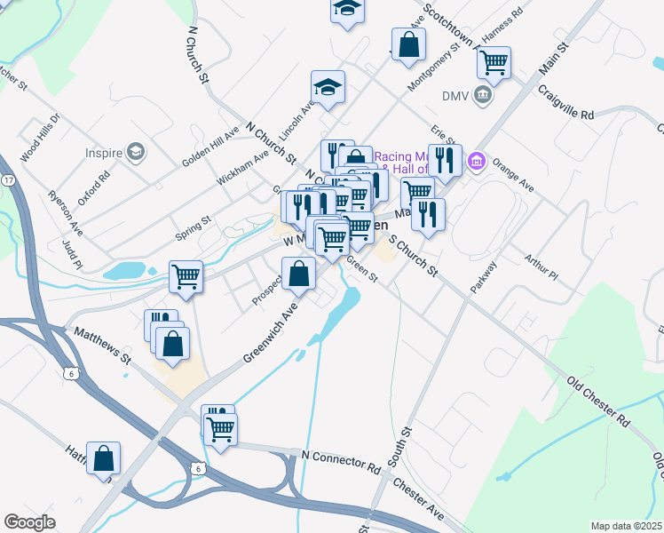 map of restaurants, bars, coffee shops, grocery stores, and more near 183 Greenwich Avenue in Goshen