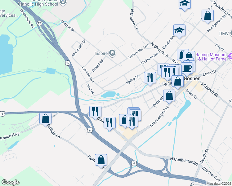 map of restaurants, bars, coffee shops, grocery stores, and more near 20 Judd Place in Goshen
