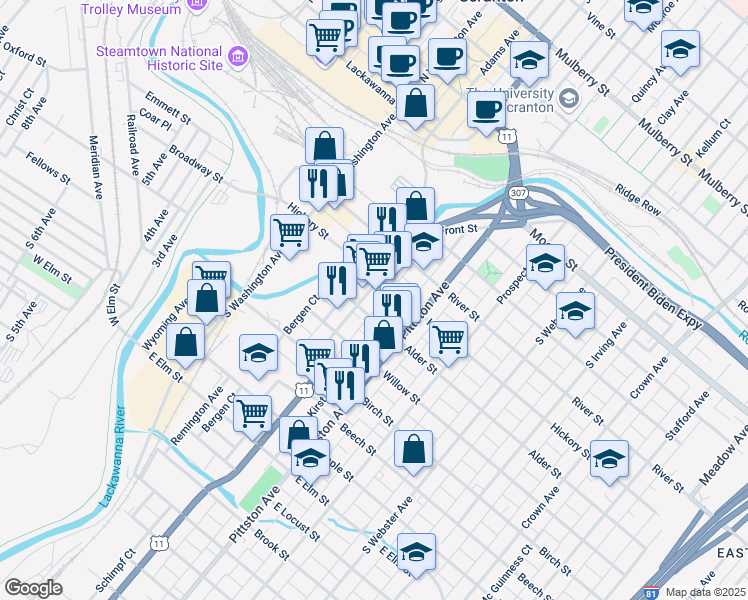 map of restaurants, bars, coffee shops, grocery stores, and more near 419 Alder Street in Scranton