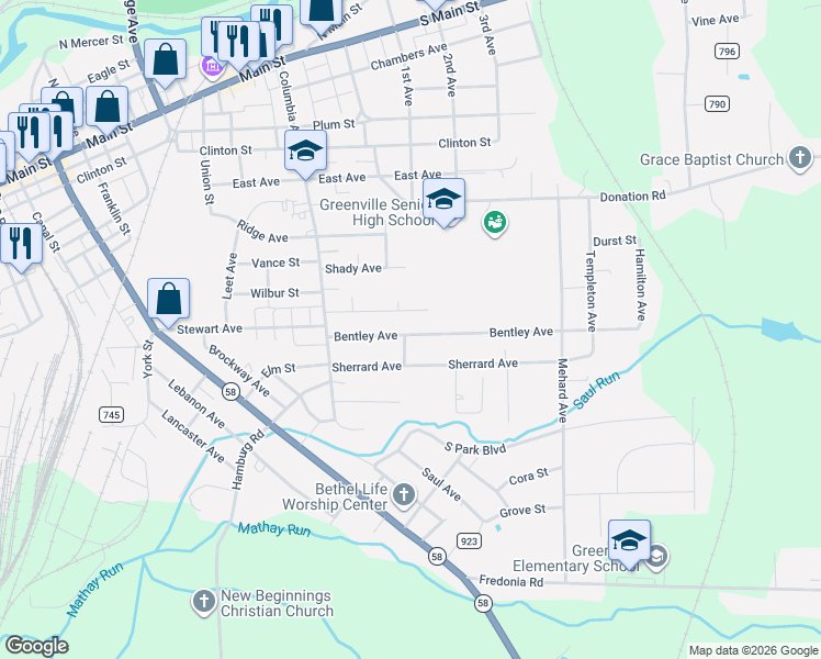 map of restaurants, bars, coffee shops, grocery stores, and more near 33 Bentley Avenue in Greenville