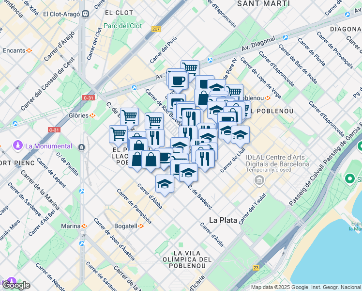 map of restaurants, bars, coffee shops, grocery stores, and more near 121 Carrer de Pere IV in Barcelona