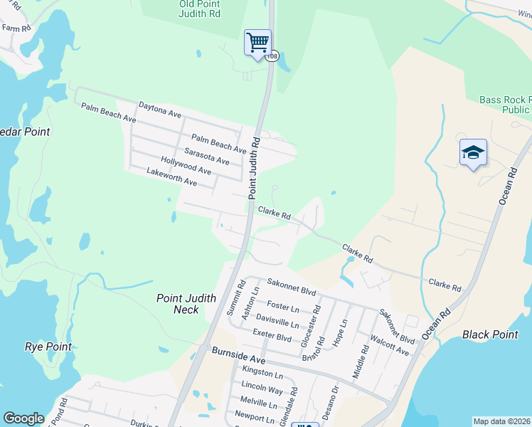 map of restaurants, bars, coffee shops, grocery stores, and more near 190 Clarke Road in Narragansett