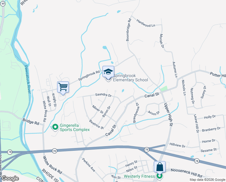 map of restaurants, bars, coffee shops, grocery stores, and more near 5 Saundra Drive in Westerly