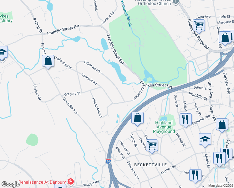 map of restaurants, bars, coffee shops, grocery stores, and more near 17 Gregory Street in Danbury