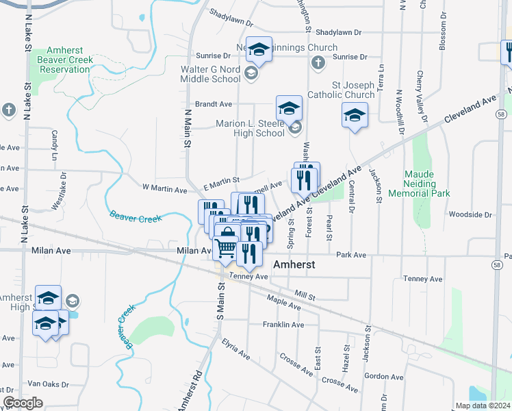 map of restaurants, bars, coffee shops, grocery stores, and more near 165 Lincoln Street in Amherst