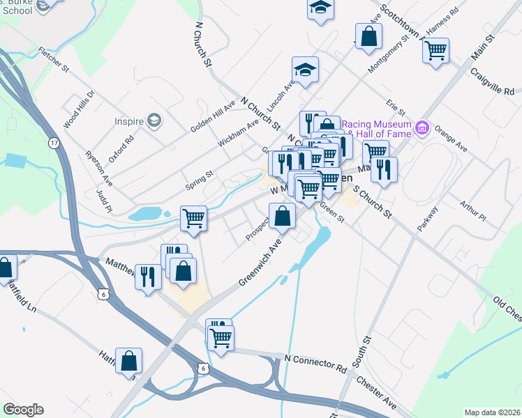 map of restaurants, bars, coffee shops, grocery stores, and more near 14 William Street in Goshen