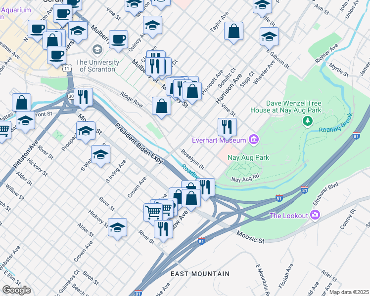 map of restaurants, bars, coffee shops, grocery stores, and more near 203 Wheeler Avenue in Scranton