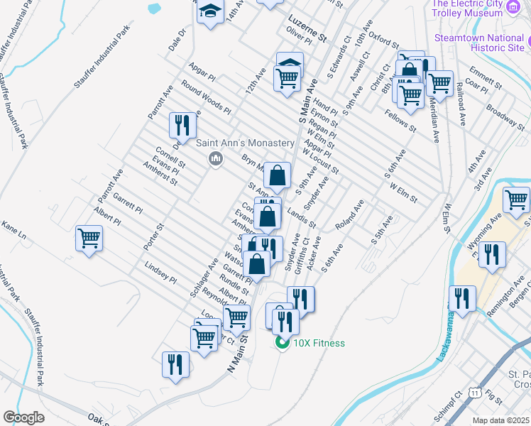 map of restaurants, bars, coffee shops, grocery stores, and more near 1104 Amherst Street in Scranton