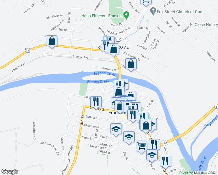 map of restaurants, bars, coffee shops, grocery stores, and more near 1339 Otter Street in Franklin