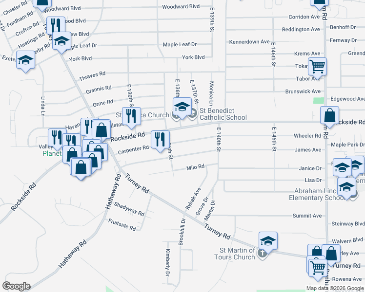 map of restaurants, bars, coffee shops, grocery stores, and more near 13585 Hathaway Road in Garfield Heights