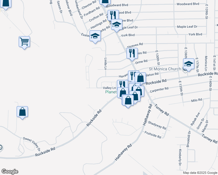 map of restaurants, bars, coffee shops, grocery stores, and more near 12125 Valley Lane Drive in Cleveland